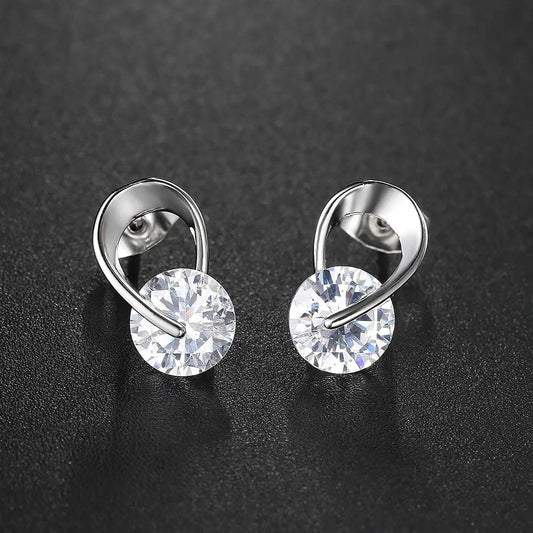 Classic Silver Sparkling Clear Gemstone Curved Earrings-Maryam Jewelry