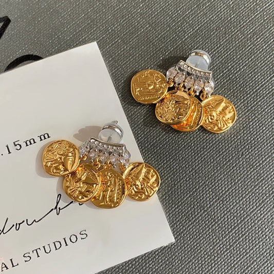 Gold Coin Clear Crystal Dangle Earrings-Maryam Jewelry