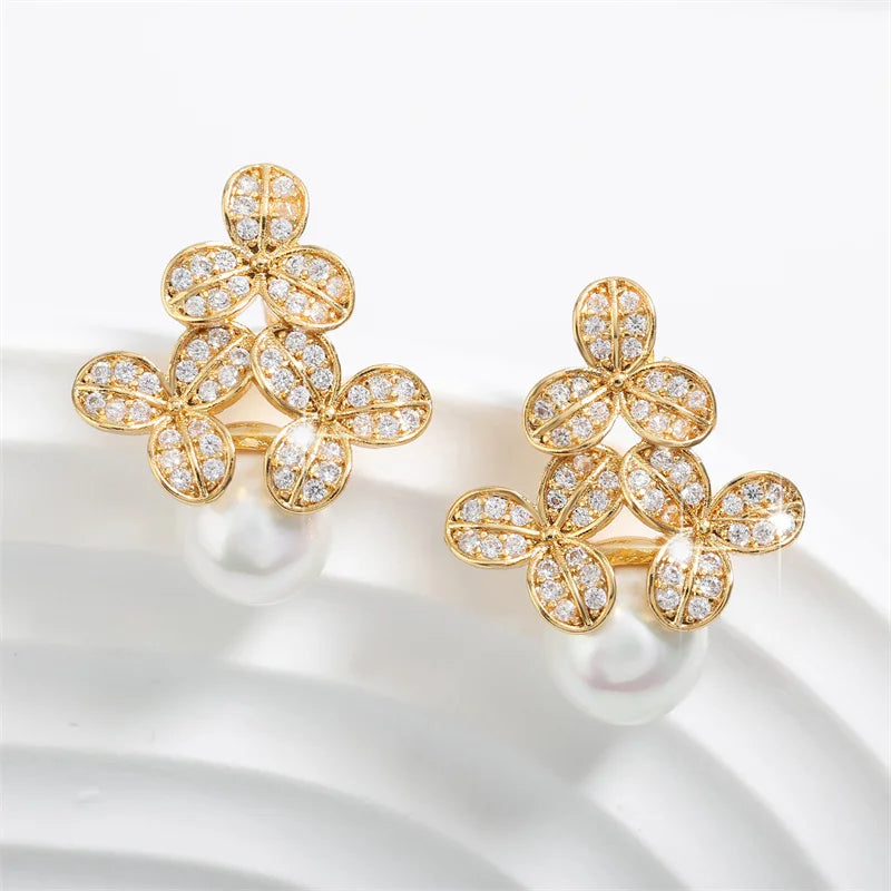 Gold Vintage Floral Pearl Drop Earrings-Maryam Jewelry