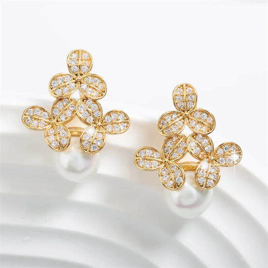 Gold Vintage Floral Pearl Drop Earrings-Maryam Jewelry