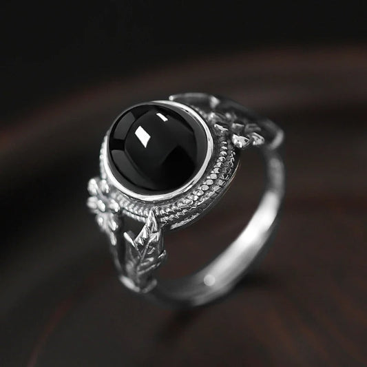 Vintage Black Crystal Flower Silver Ring-Maryam Jewelry