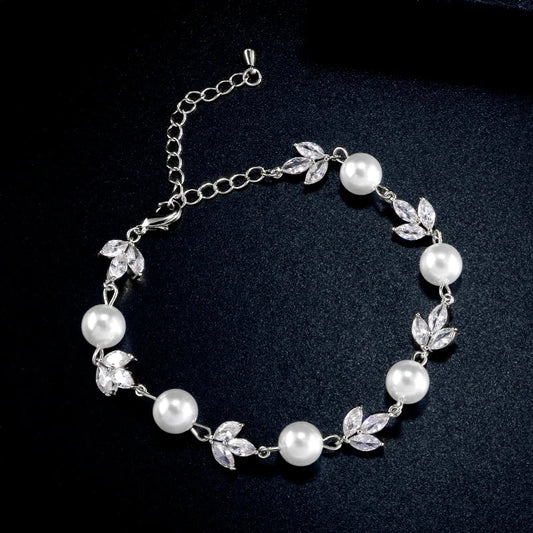 Silver Crystal Leaf & Pearl Bracelet-Maryam Jewelry