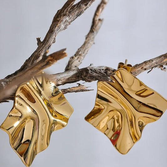 Vintage Gold Ripple Drop Earrings-Maryam Jewelry