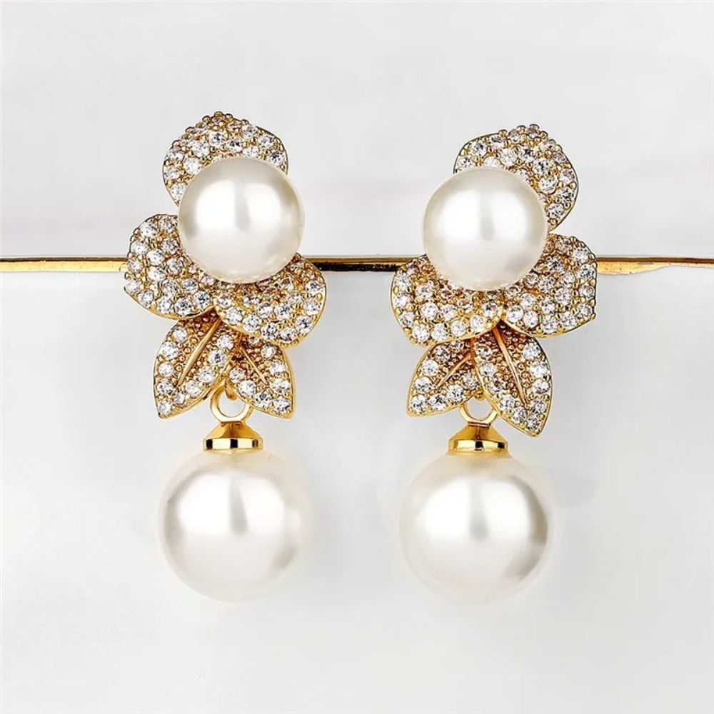 Vintage Pearl Flower Drop Earrings-Maryam Jewelry