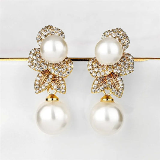 Vintage Pearl Flower Drop Earrings-Maryam Jewelry