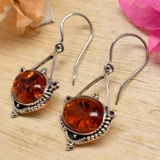 Silver Boho Amber Stone Earrings-Maryam Jewelry