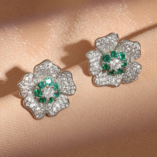 Vintage Green & Silver Floral Stud Earrings-Maryam Jewelry
