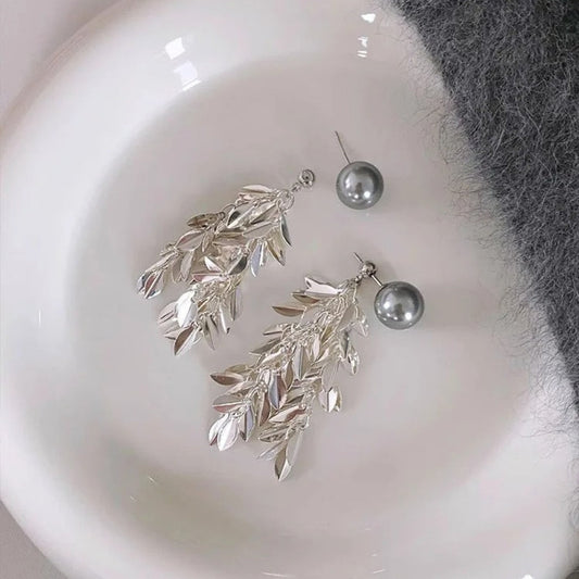 Silver Pearl Leaf Dangle Earrings-Maryam Jewelry