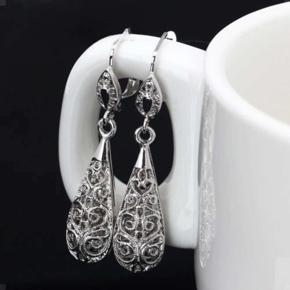 Timeless Silver Delicate Filigree Pattern Teardrop Earrings-Maryam Jewelry