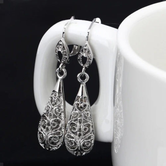 Timeless Silver Delicate Filigree Pattern Teardrop Earrings-Maryam Jewelry