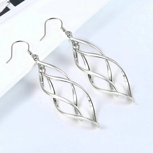 Silver Sculpted Geometric Design Twist Dangle Earrings-Maryam Jewelry