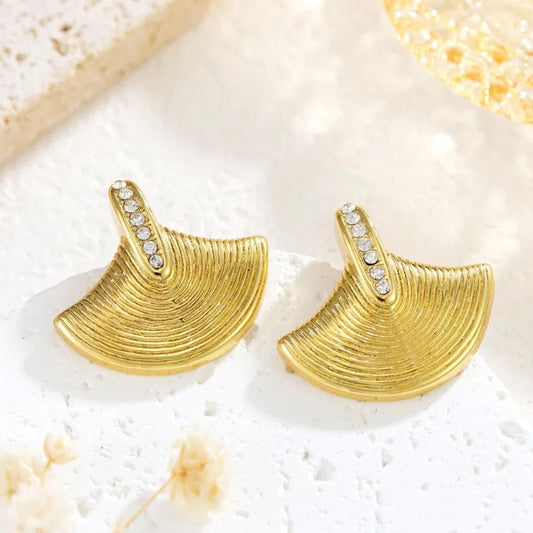 Vintage Gold Fan Crystal Stud Earrings-Maryam Jewelry
