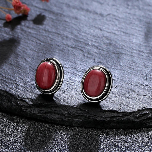 Vintage Silver Red Stud Earrings-Maryam Jewelry