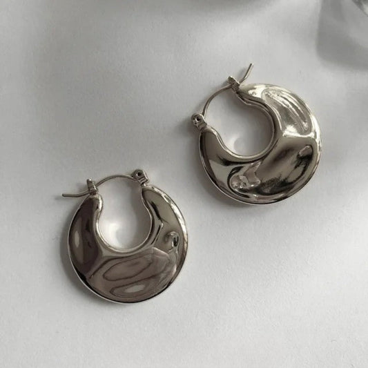 Silver Shiny Crescent Chunky Hoop Earrings-Maryam Jewelry