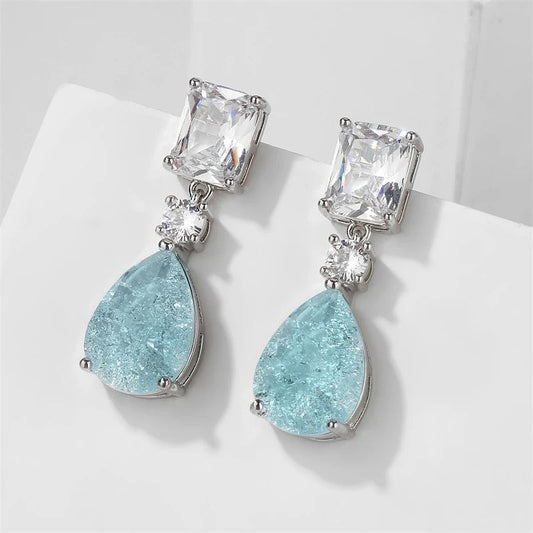 Classic Aqua Stone & Crystal Silver Earrings-Maryam Jewelry