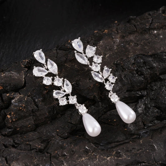 Classic Pearl Drop Leaf Dangle Earrings-Maryam Jewelry