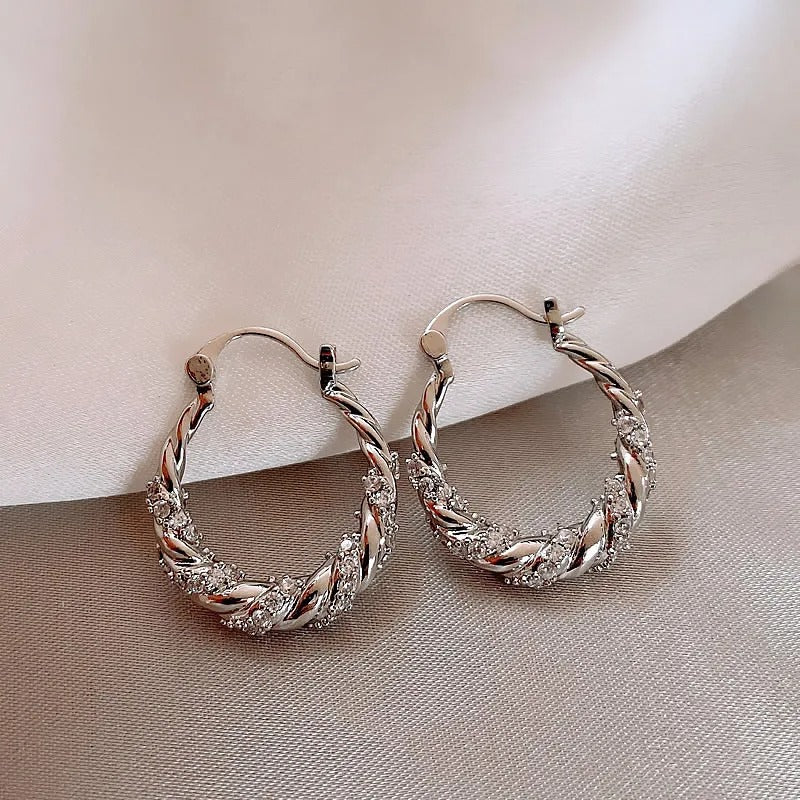 Vintage Twisted Crystal Silver Hoop Earrings-Maryam Jewelry
