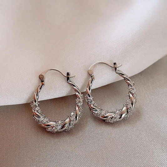 Vintage Twisted Crystal Silver Hoop Earrings-Maryam Jewelry