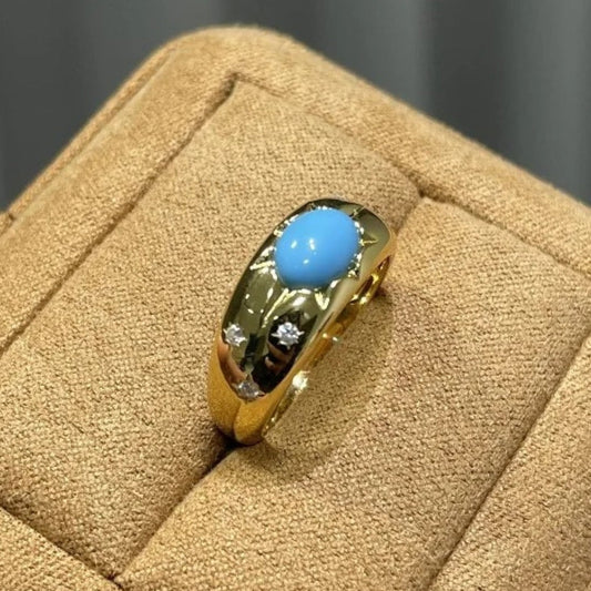 Vintage Diamond Inlay Turquoise Blue Shiny Adjustable Ring-Maryam Jewelry