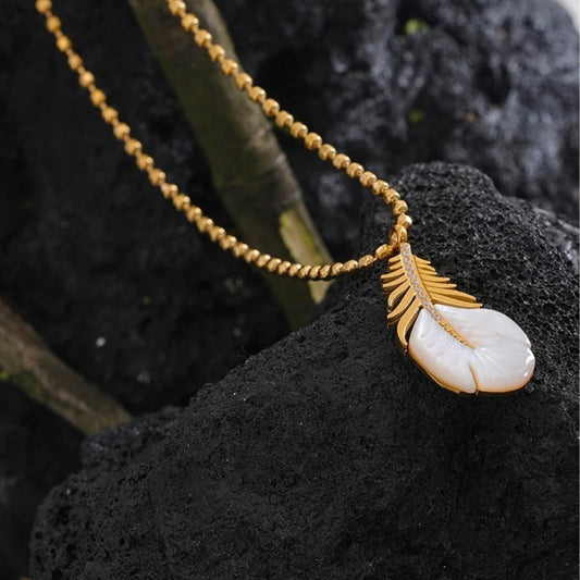 Vintage Gold Leafy Shell Drop Necklace-Maryam Jewelry