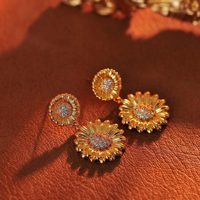 Vintage Gold Sunflower Drop Earrings-Maryam Jewelry