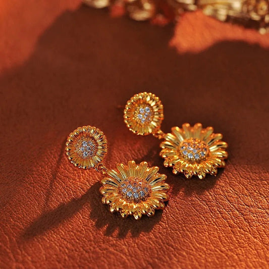 Vintage Gold Sunflower Drop Earrings-Maryam Jewelry