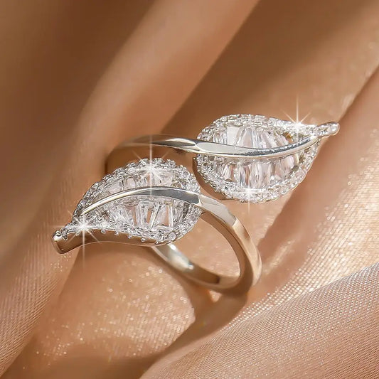 Vintage Silver Leaf Crystal Adjustable Ring-Maryam Jewelry