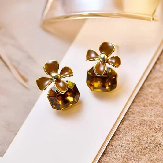 Vintage Brown Flower Crystal Pendant Earrings-Maryam Jewelry