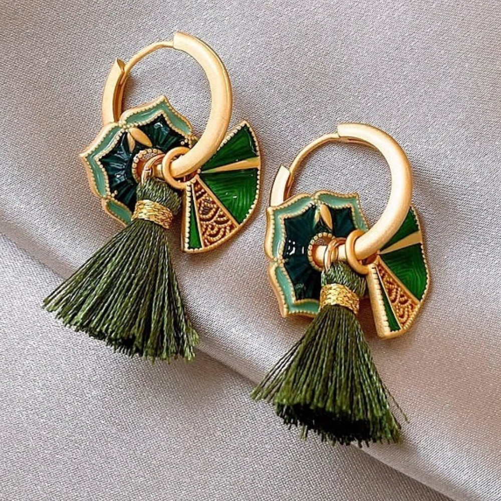 Vintage Gold & Green Floral Tassel Earrings-Maryam Jewelry