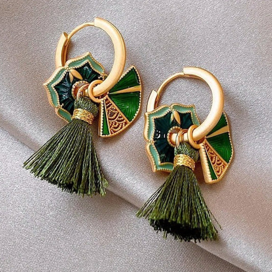 Vintage Gold & Green Floral Tassel Earrings-Maryam Jewelry