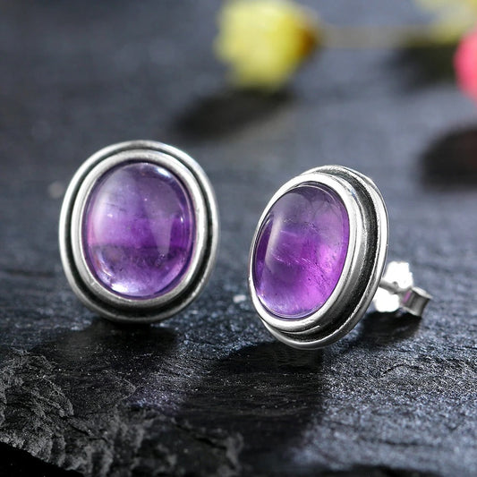 Vintage Silver Amethyst Stud Earrings-Maryam Jewelry