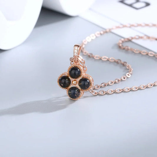 Vintage Blue Amber Clover Pendant Necklace-Maryam Jewelry