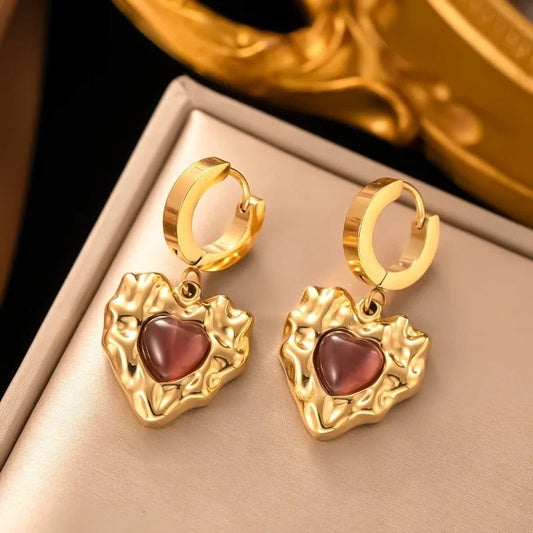Gold Textured Heart Drop Earrings-Maryam Jewelry