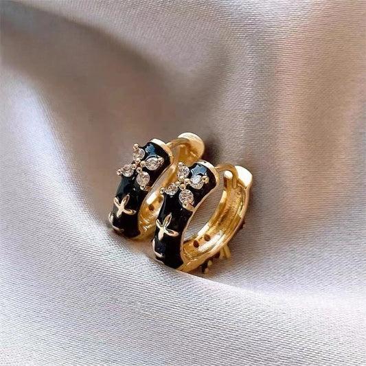 Vintage Gold & Black Enamel Flower Earrings-Maryam Jewelry