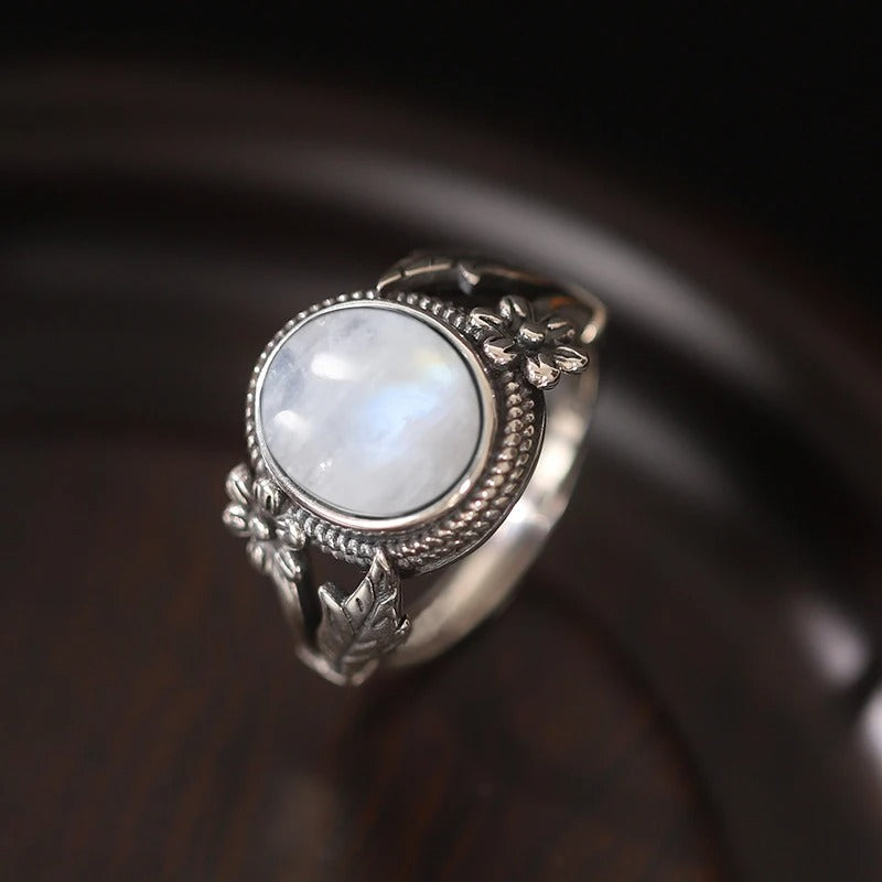 Vintage Floral Moonstone Silver Ring-Maryam Jewelry