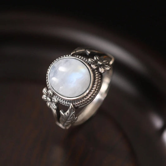 Vintage Floral Moonstone Silver Ring-Maryam Jewelry