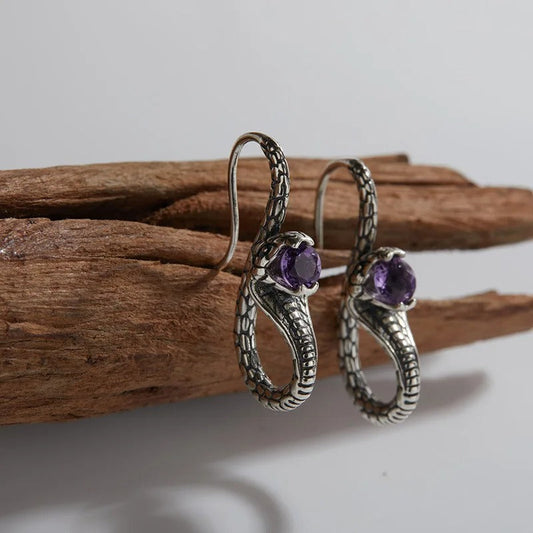 Vintage Silver Snake & Amethyst Earrings-Maryam Jewelry
