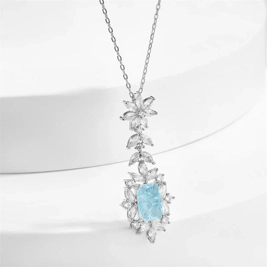 Vintage Ice Blue Floral Silver Necklace-Maryam Jewelry