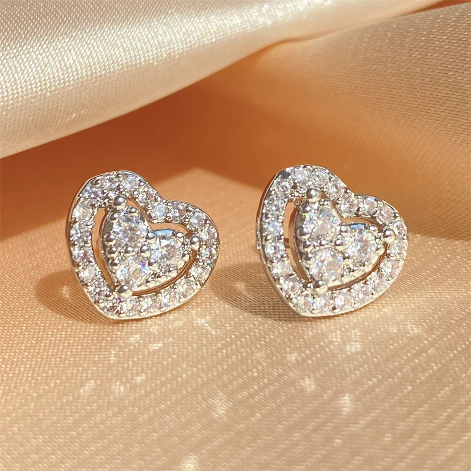 Silver Vintage Sparkling Heart Earrings-Maryam Jewelry