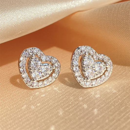 Silver Vintage Sparkling Heart Earrings-Maryam Jewelry