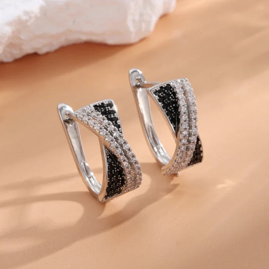 Vintage Black & Silver Crossover Hoop Earrings-Maryam Jewelry