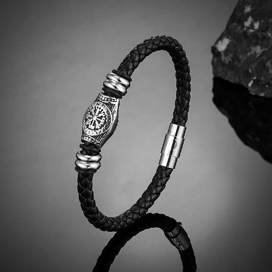 Braided Black Viking Compass Leather Bracelet-Maryam Jewelry