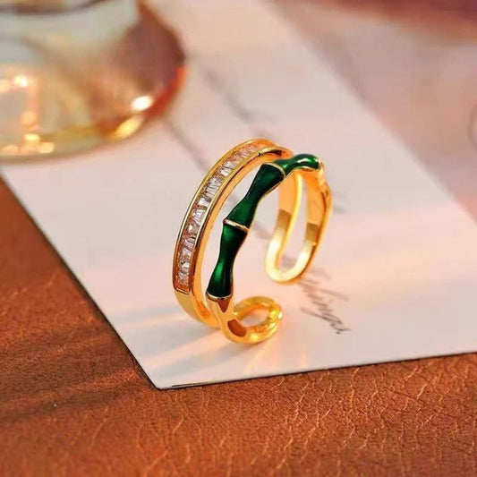 Double Layer Zircon Green Bamboo Shaped Adjustable Ring-Maryam Jewelry