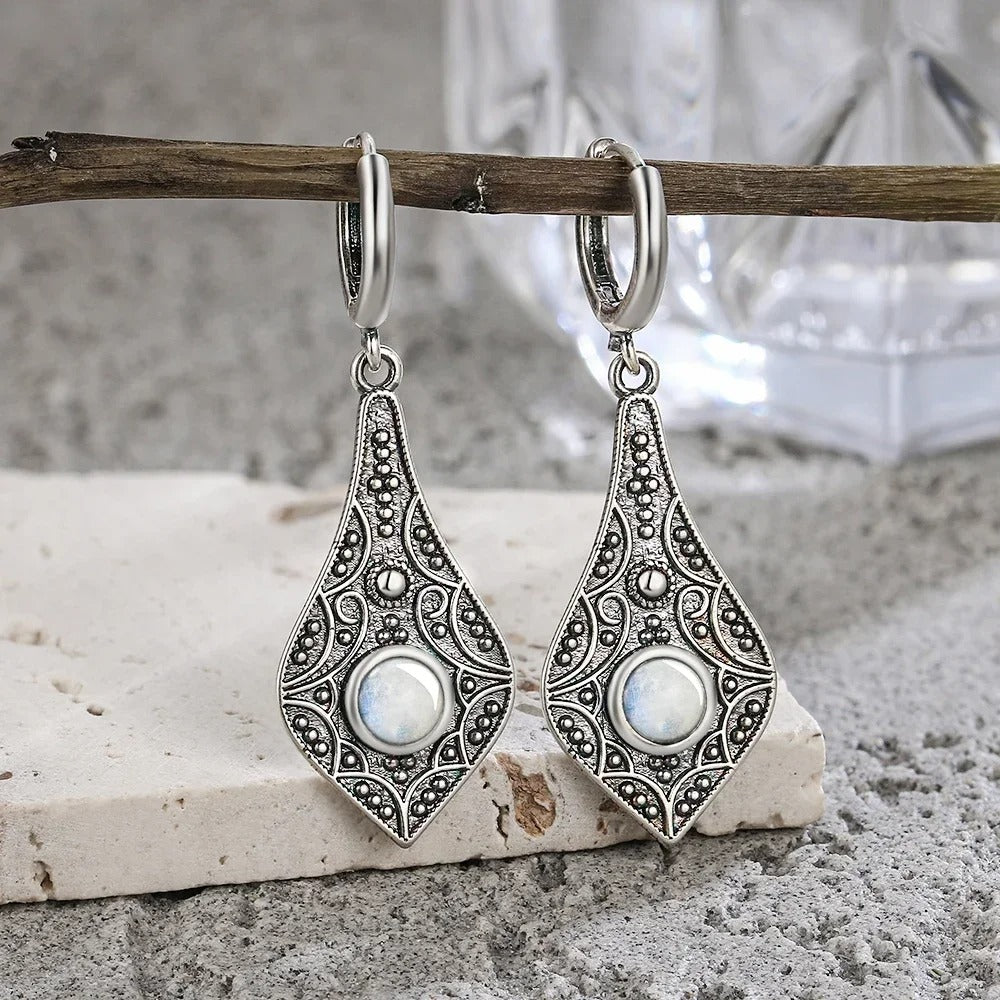Vintage Silver Teardrop Moonstone Earrings-Maryam Jewelry
