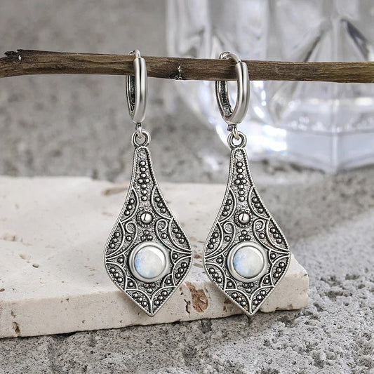 Vintage Silver Teardrop Moonstone Earrings-Maryam Jewelry