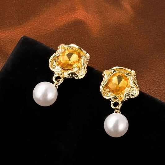 Gold Yellow Gemstone Pearl Earrings-Maryam Jewelry