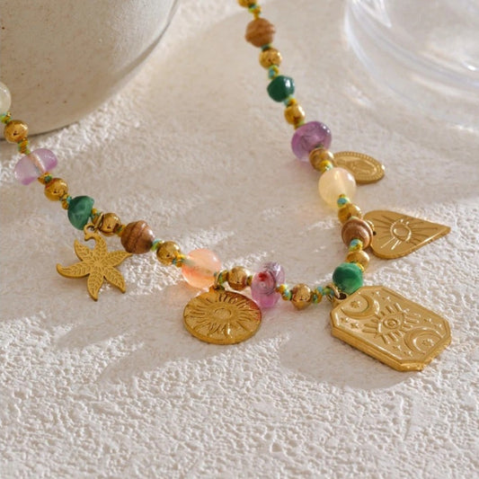 Vintage Gold Multi-Charm Beaded Necklace-Maryam Jewelry