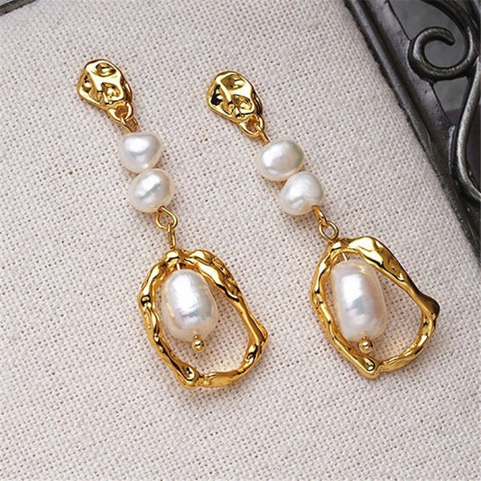 Gold & Pearl Oval-Shaped Drop Earrings-Maryam Jewelry