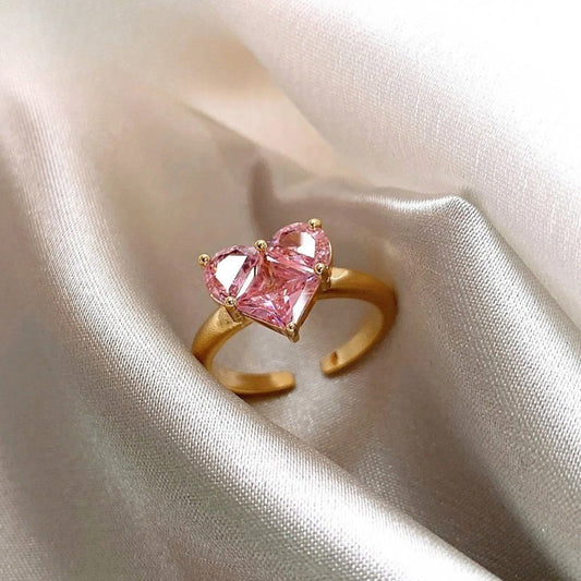 Vintage Gold Heart-Shaped Pink Gem Open Ring-Maryam Jewelry