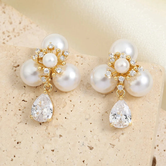 Classic Pearl Flower Drop Earrings-Maryam Jewelry